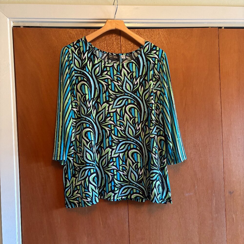Bob Mackie – L/S Tunic Style Pullover – XL – Blue/Green/White Multi print